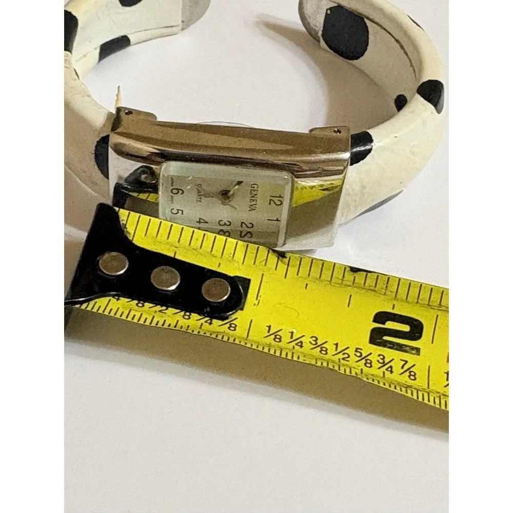 Geneva Women Quartz Watch Cow Print Cuff‎ Band Silver Tone Bracelet Japan Movt